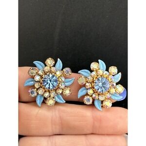 Vintage Weiss NY Clip On Earrings Gold Tone Blue Rhinestone Spring